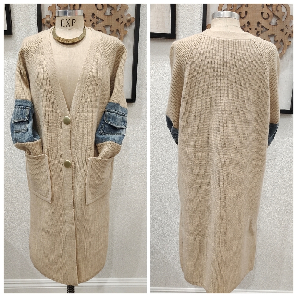 Beige Open-Front Long Cardigan with Denim Patch Sleeves - Picture 4 of 5
